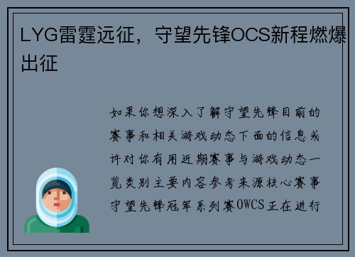 LYG雷霆远征，守望先锋OCS新程燃爆出征